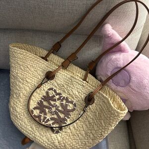 Straw Tote Bag with Brown Accents
